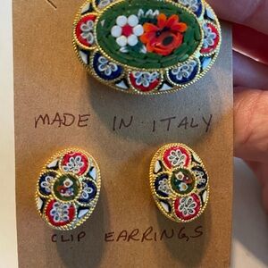 Italian Mosaic Clip Earrings and Brooch Set